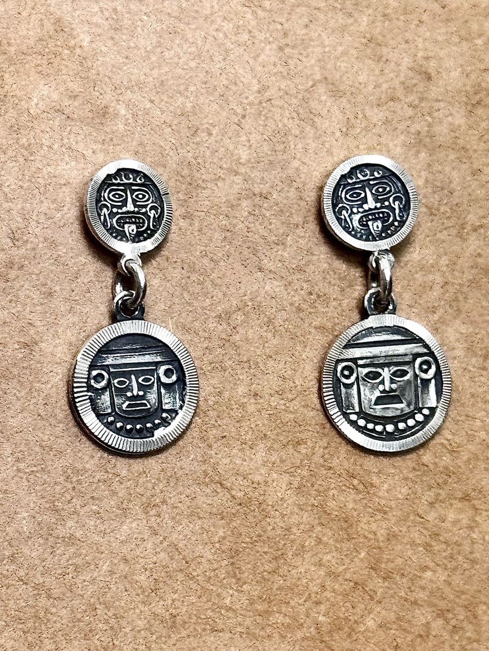 Stunning Taxco 925 Sterling Silver Asymmetrical Deity Drop Earrings